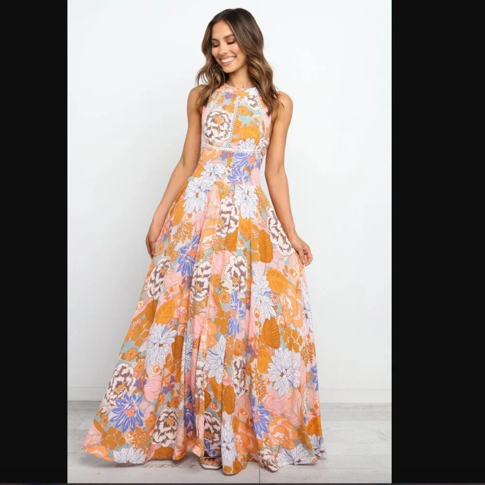 Petal & Pup Newell Orange Colorful Floral Maxi Dress L - Picture 2 of 13